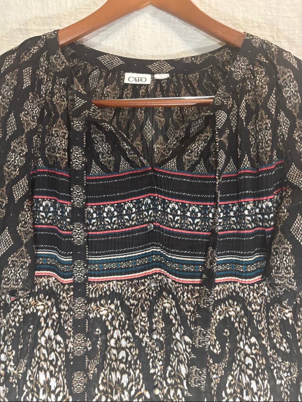 Cato Black Boho Tie-Front Tunic with Multicolor Stripe Details - Picture 6 of 11